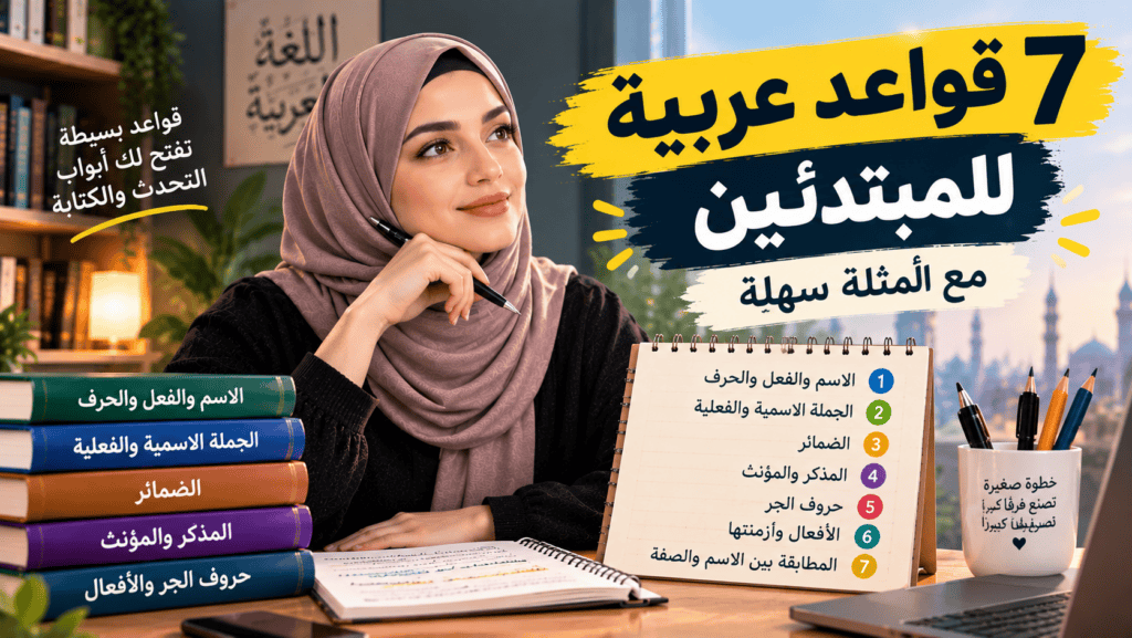 Read more about the article قواعد اللغة العربية للمبتدئين: 7 قواعد أساسية مع أمثلة سهلة