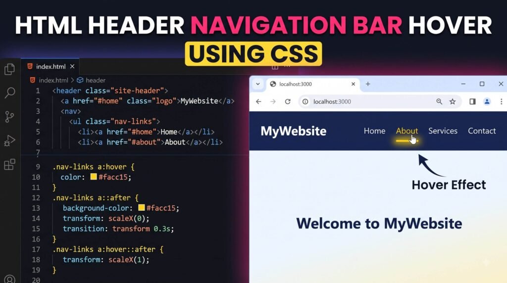 Read more about the article HTML Header Navigation Bar Hover Using CSS: Step-by-Step Tutorial